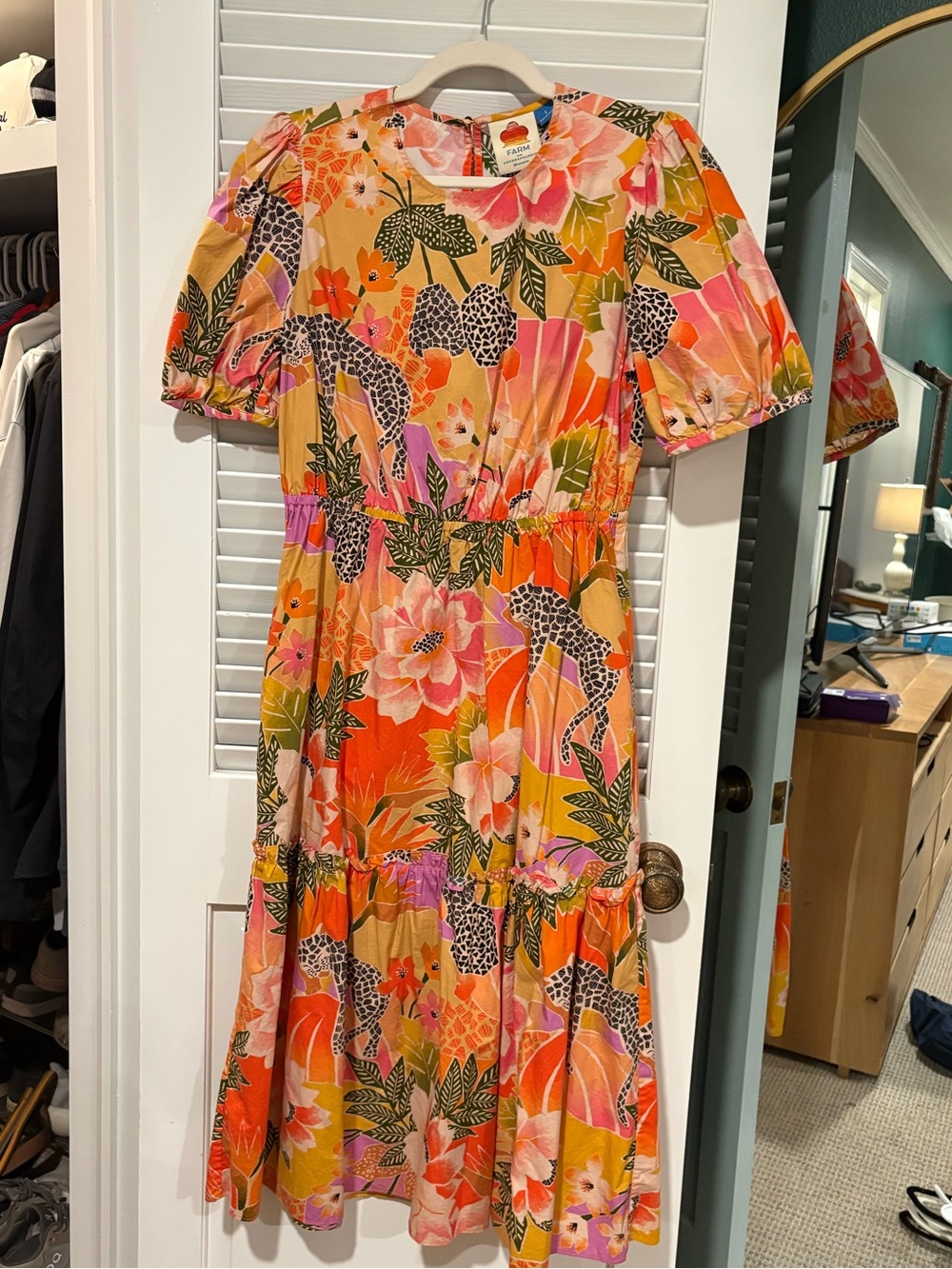 FARM Rio Pink and Orange Floral Tiered Midi Dress